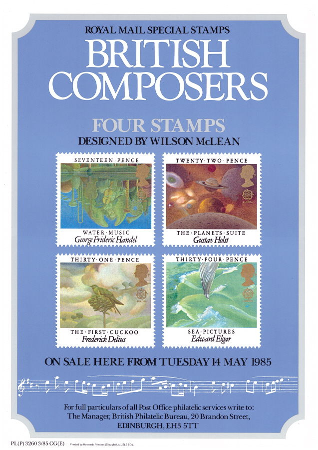(image for) 1985 British Composers Post Office A4 poster. PL(P) 3260 3/85 CG(E).